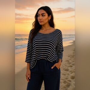 Striped Navy White Scoop Neck High Low Blouse L 3/4 Knit Coastal Beachy Nautica